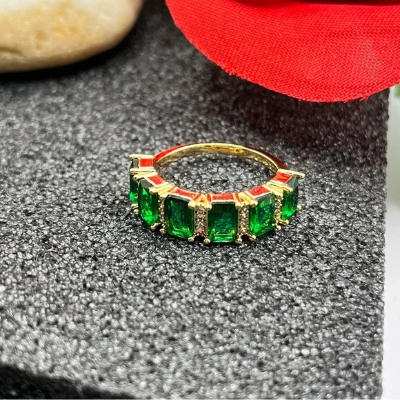 NEW Radiant Real Gold Plated Green Emerald Stones CZ Stacking Half Eternity Ring - Picture 4 of 5